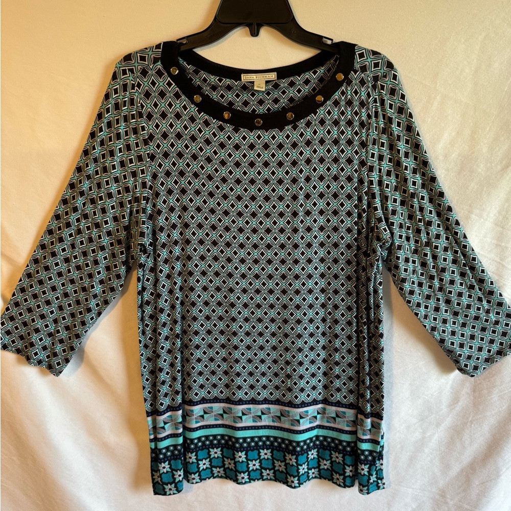 Dana Buchman Black and Teal Graphic Blouse
